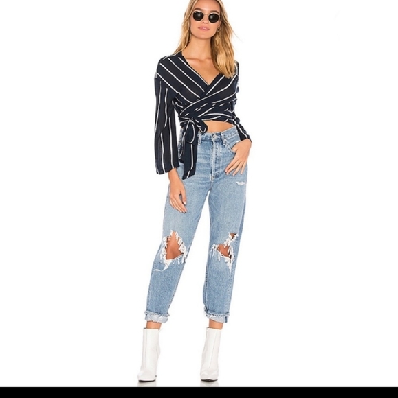 Faithfull the Brand Tops - Faithfull the Brand navy blue white pinstripe wrap tie waist crop top Medium